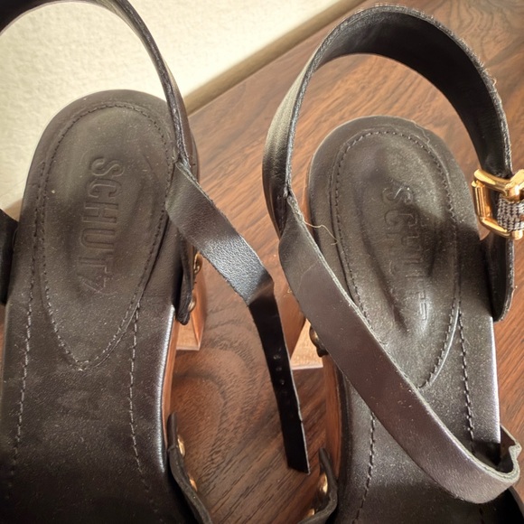 Schutz Black Leather Cross-Strap Wooden Platform Sandals - Picture 5 of 6